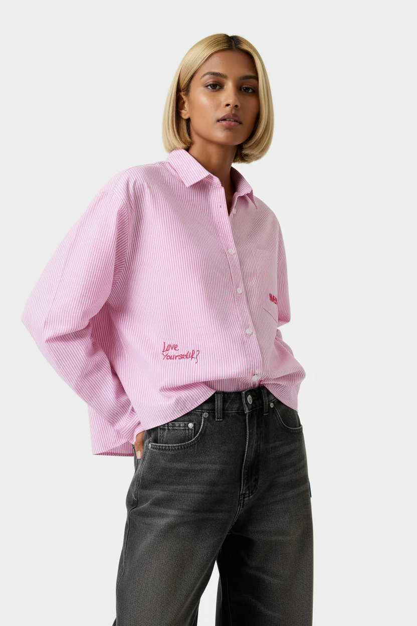 Indian female model wearing pink striped shirt